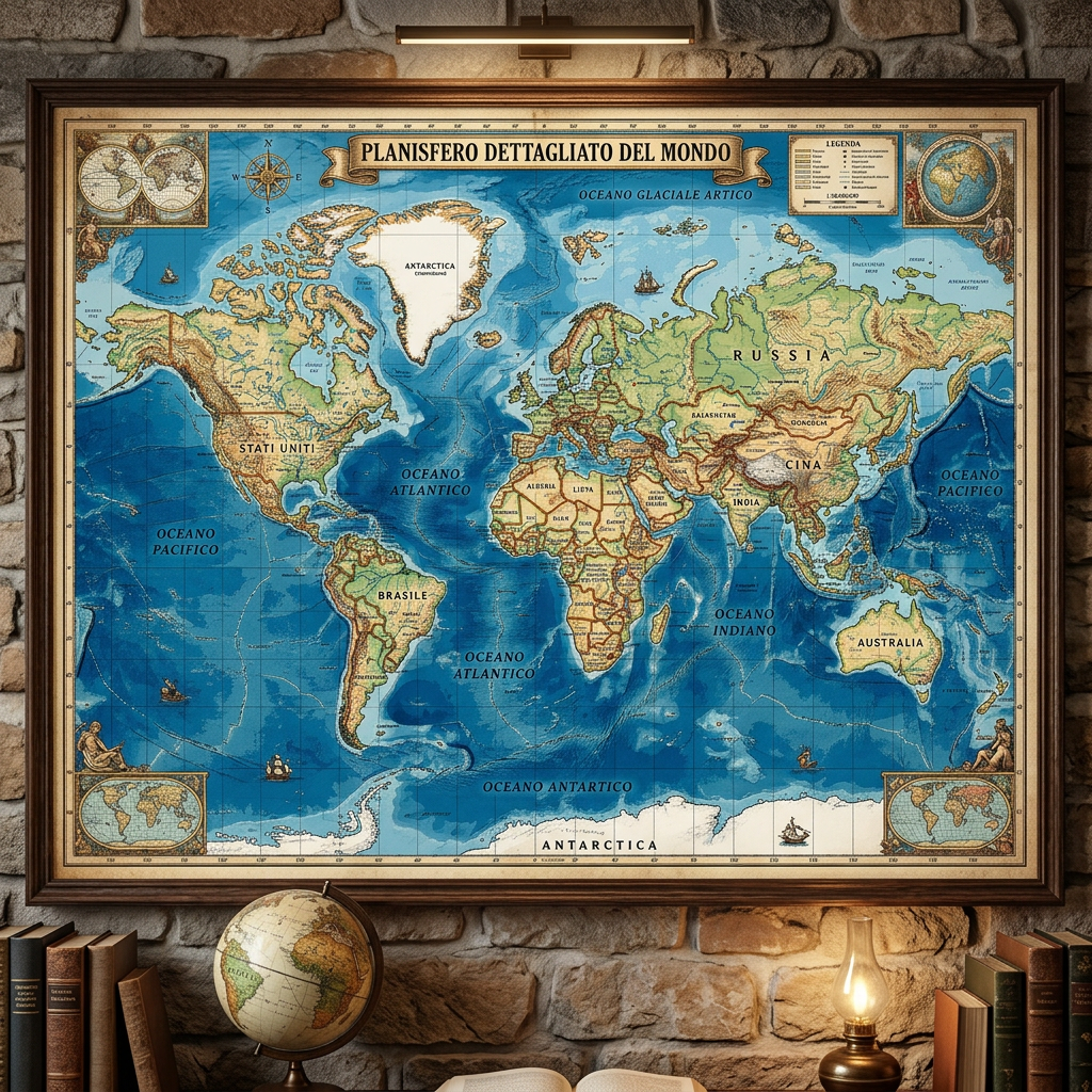 Immagine attuale: Vintage-style world map with Italian labels framed and hung on stone wall above a globe and books